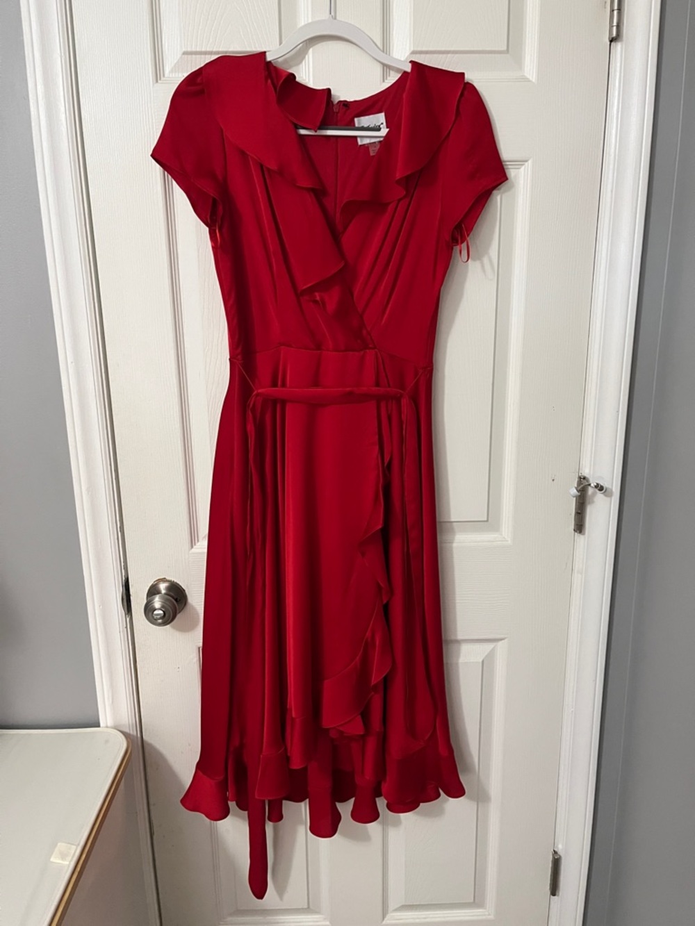 Red Ruffle Wrap Midi Dress with Tie Waist
